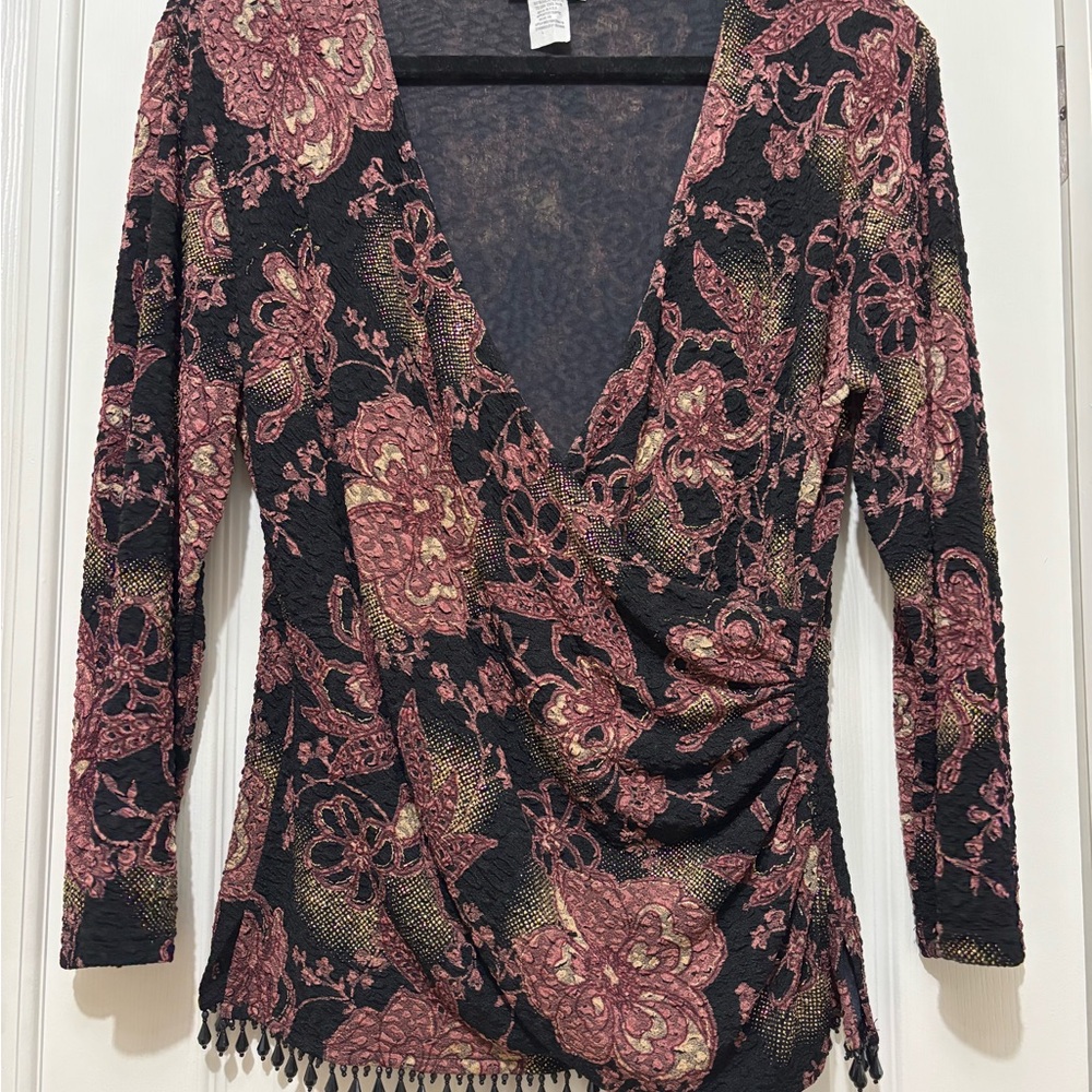 Vintage Metallic Long-Sleeve Wrap Top with Beaded Hem